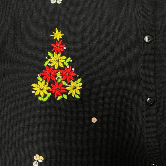Poinsettia Christmas Tree Theme Cardigan Black with Red & Yellow Size XL - Picture 8 of 11